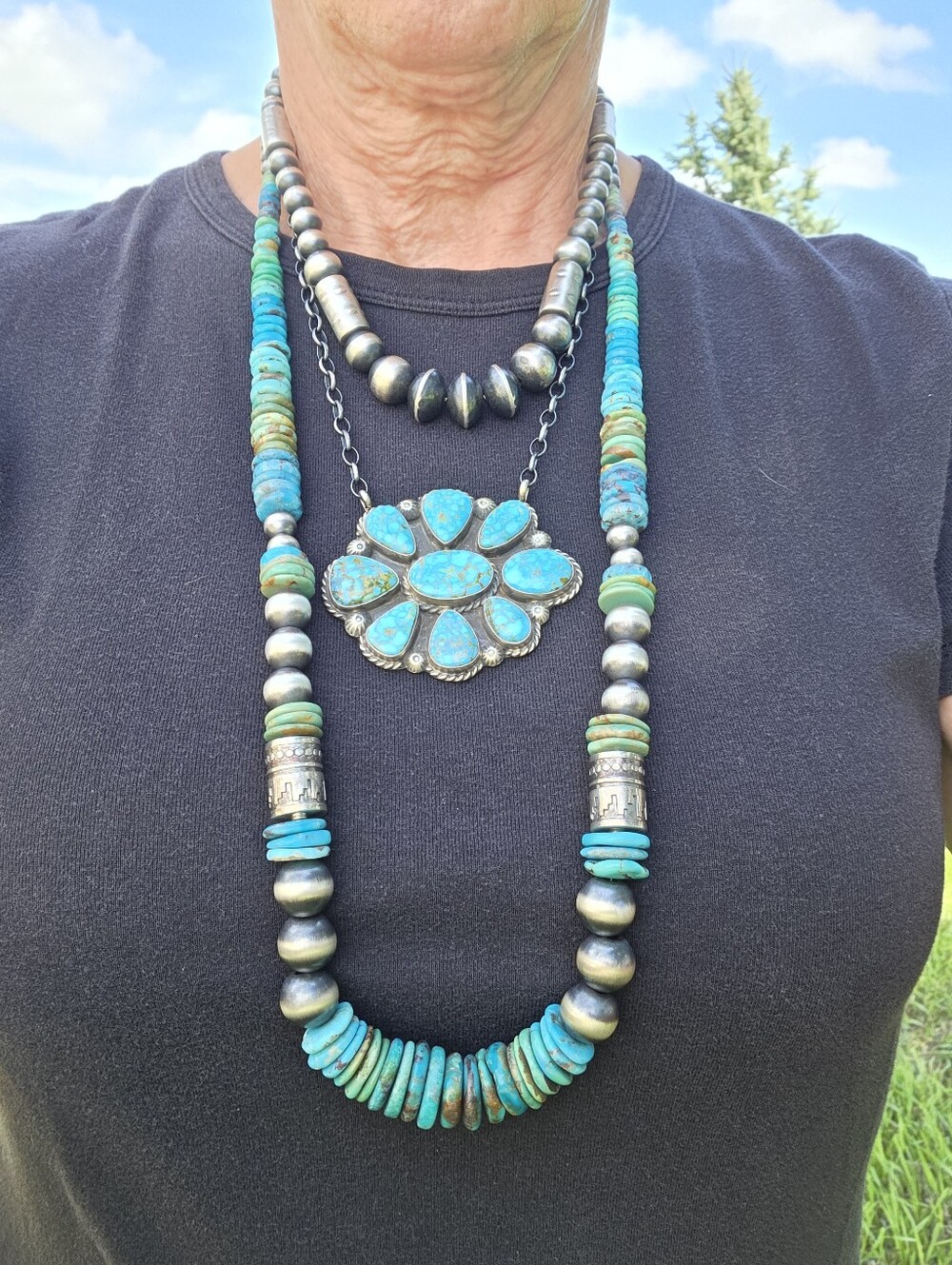Kingman Turquoise And Sterling Pearls 32" Necklace - Picture 2 of 10